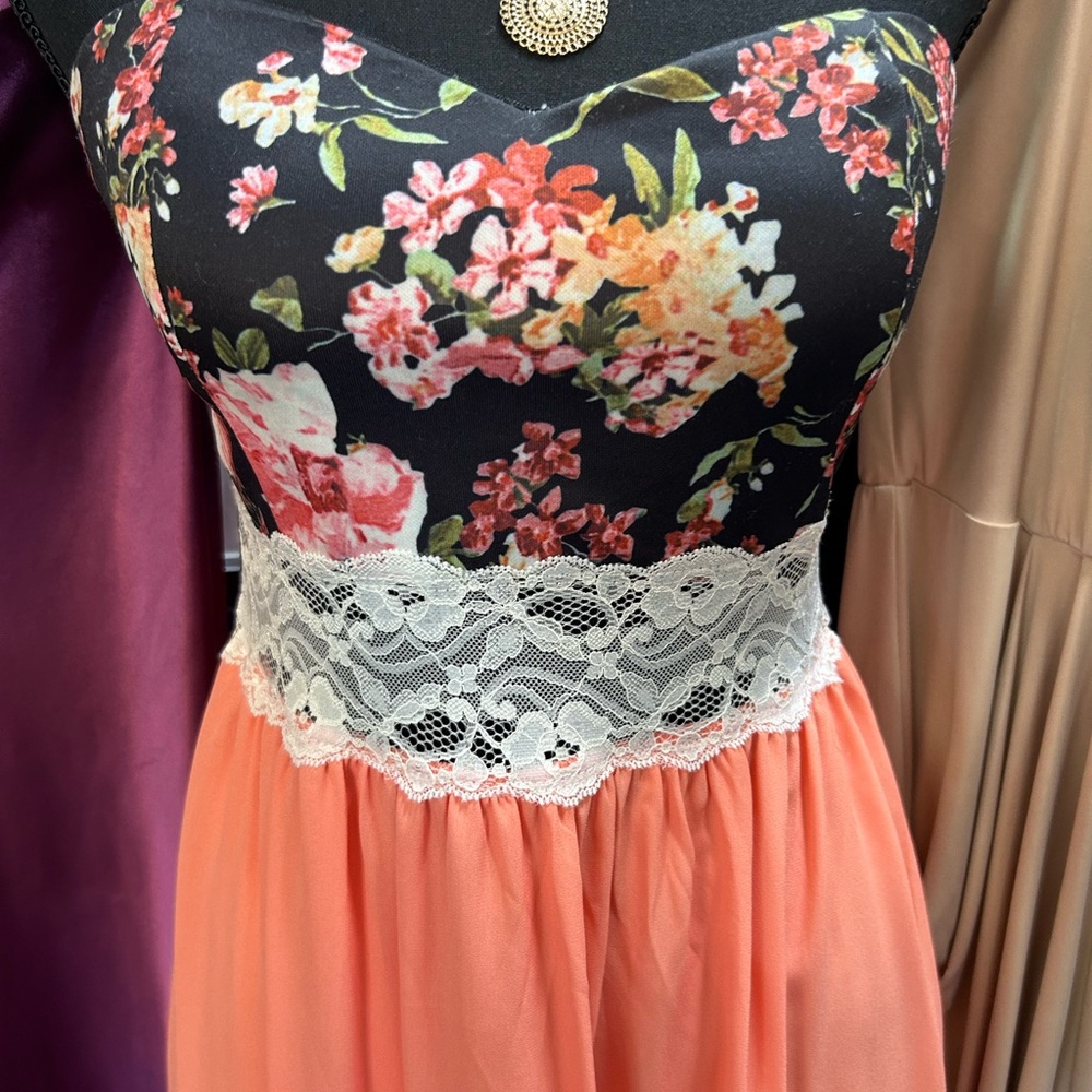 Zara Black Floral Dress with Peach Accents